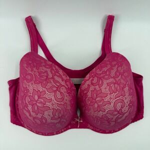 Cacique Boost Plunge Bra Pink Floral Lace Underwire Padded 42F feminine